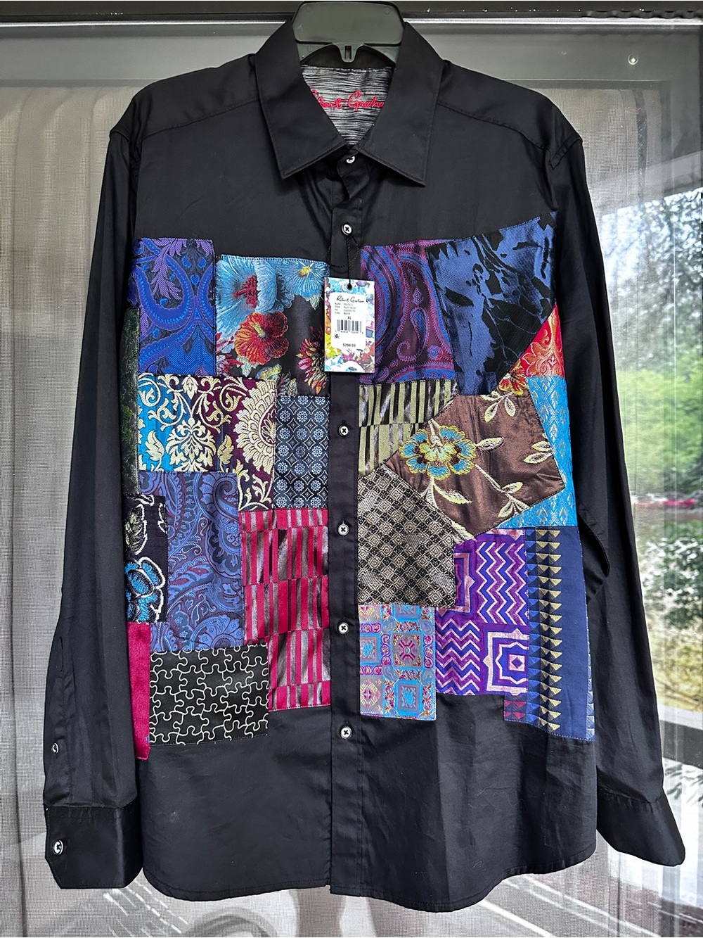Robert Graham Black Button-Down Shirt with Multicolor Patchwork Front